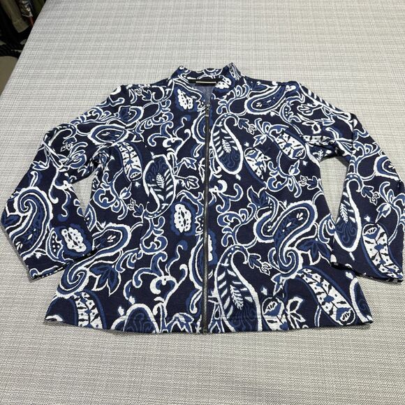 Chicos Sweater Cardigan Womens 2 Medium Paisley Jacket Blue Artistic Grandma‎ - Picture 1 of 9